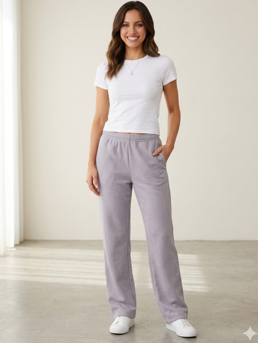 LAZYPANTS Women's Liliac Grey Sueded Straight Leg Pants, Size Large